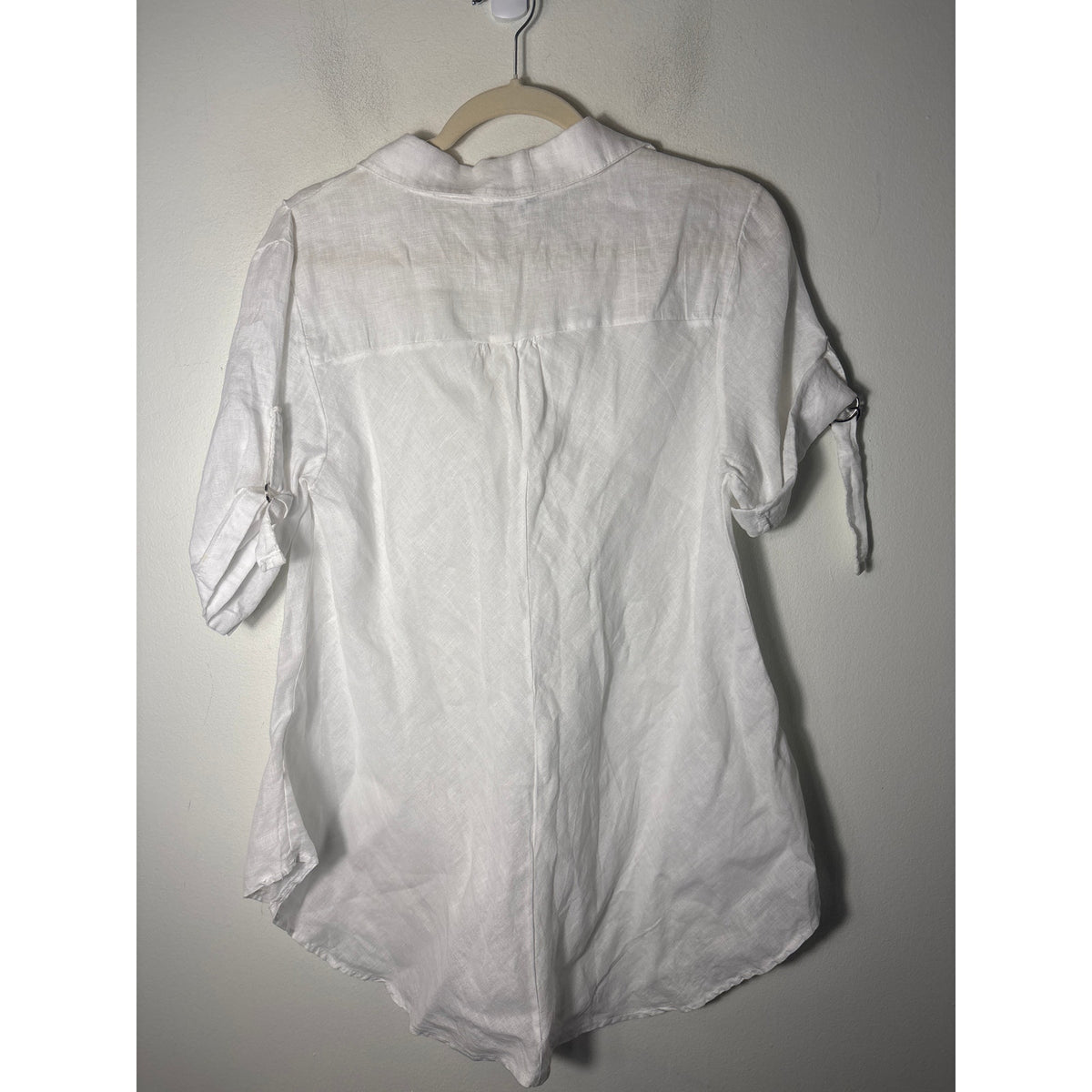 100% Lin Blanc White Short Sleeve Linen V-Neck Tunic Sz 46