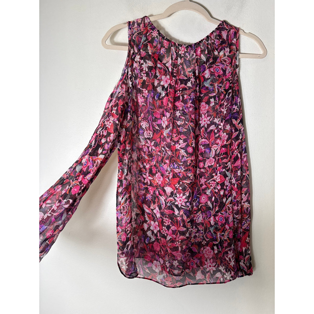 Ellie Tahari Pink Floral Cold Shoulder Sheer Long Sleeve Top Sz S