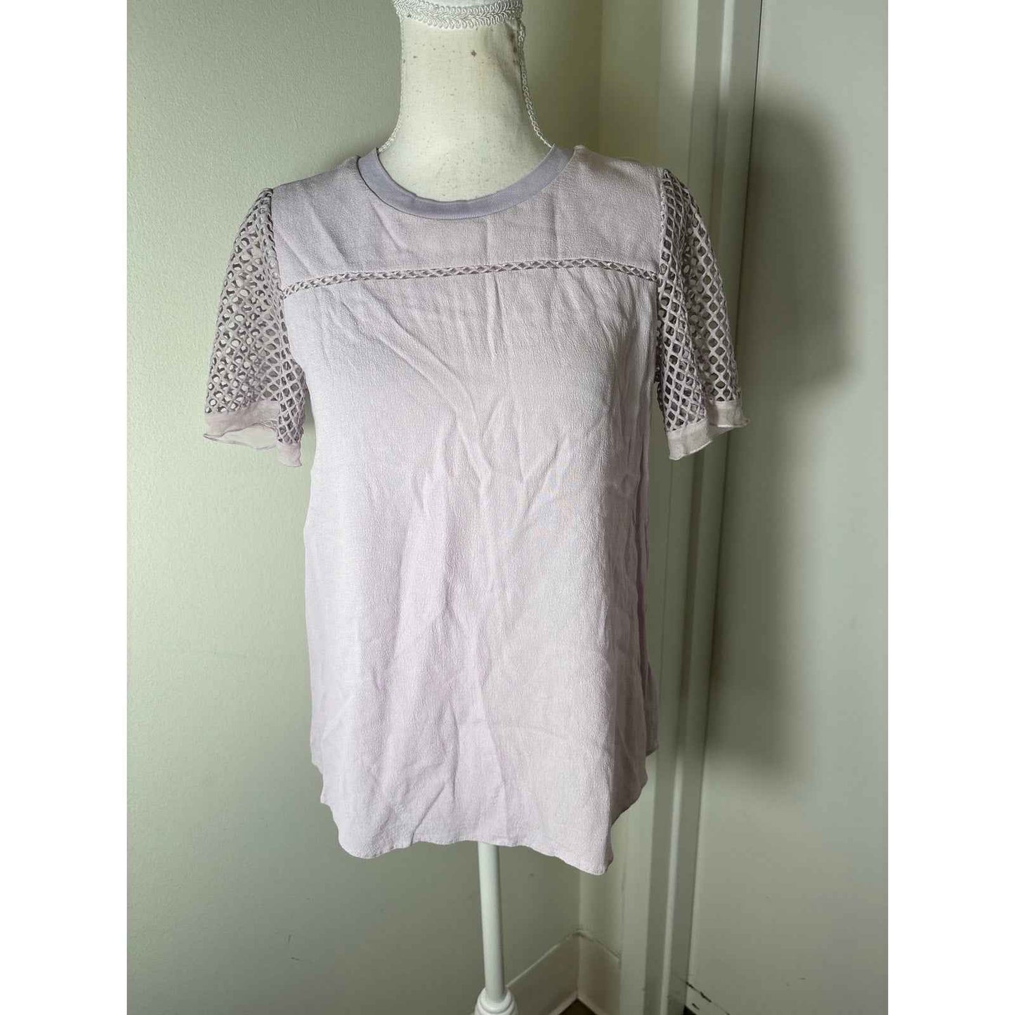 Rebecca Taylor Lavender Short Mesh Sleeve Crew Neck Shirt Sz 4