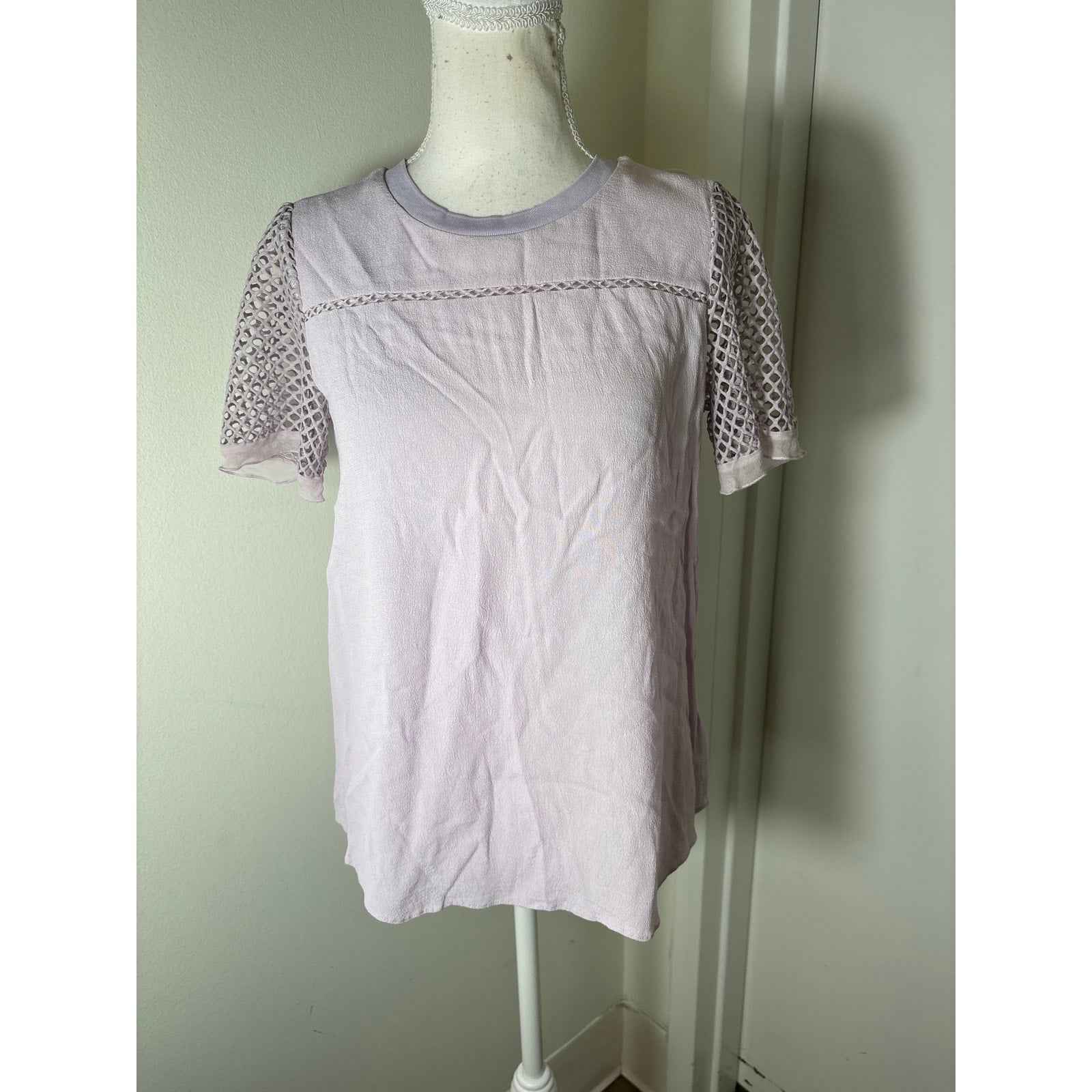 Rebecca Taylor Lavender Short Mesh Sleeve Crew Neck Shirt Sz 4