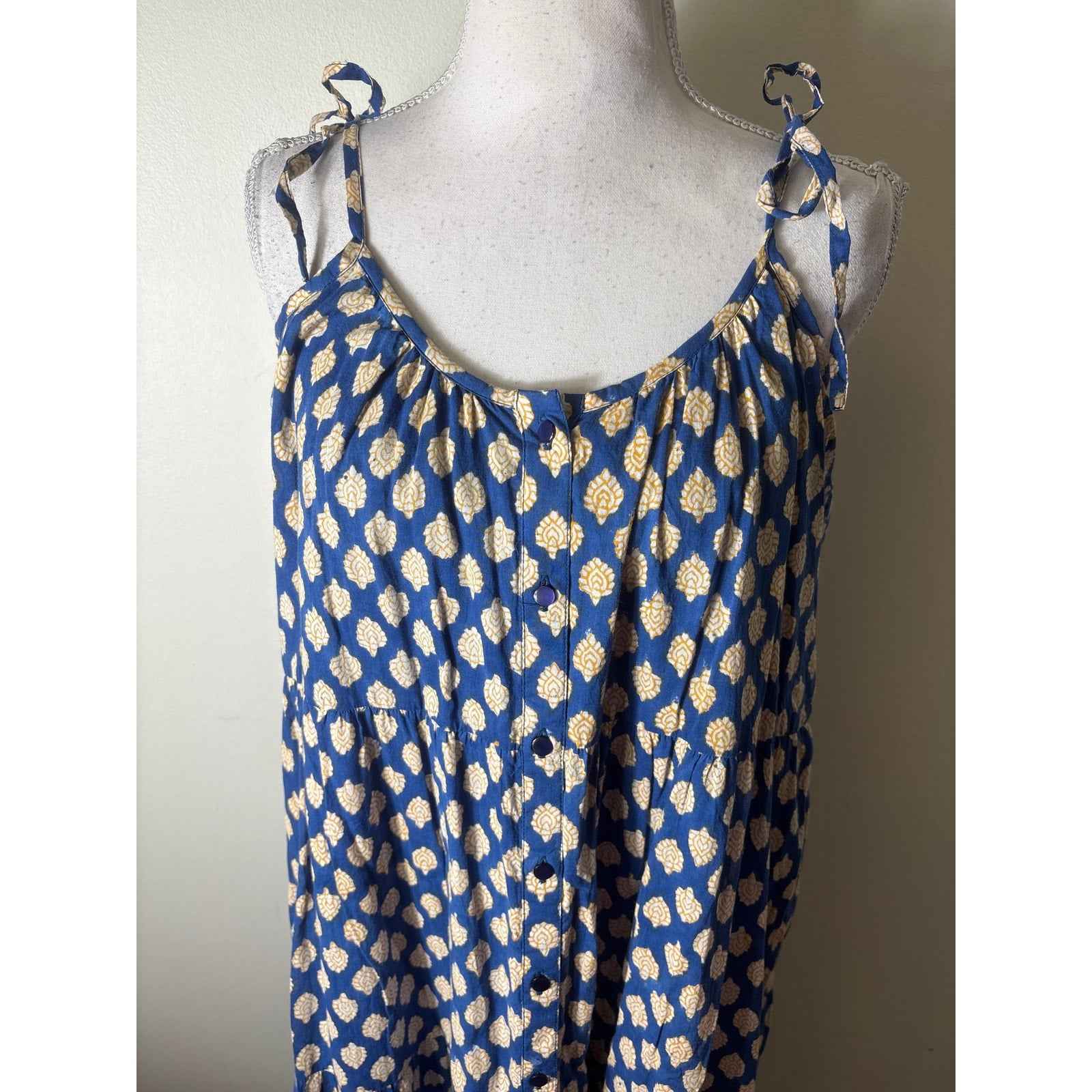 India Collection Blue Yellow Cotton Button UP Spaghetti Strap Maxi Dress Sz Xs/S