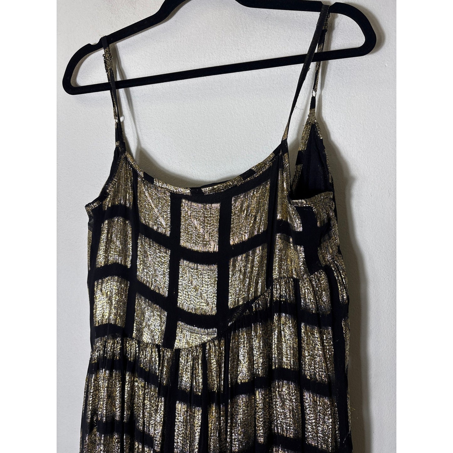 Muche et Muchette Gold Lame Black Checked Backless Maxi Dress Sz M