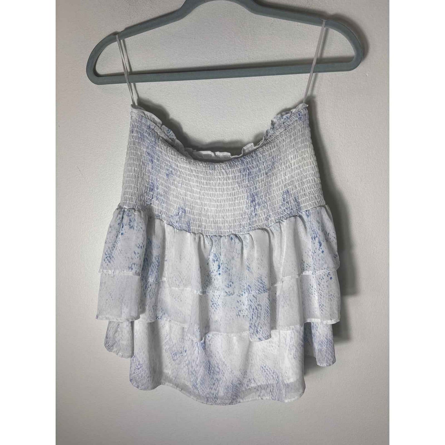 Pants Store White Blue Print Smocked Waist Tiered Flowy Skirt and Top Set Sz M