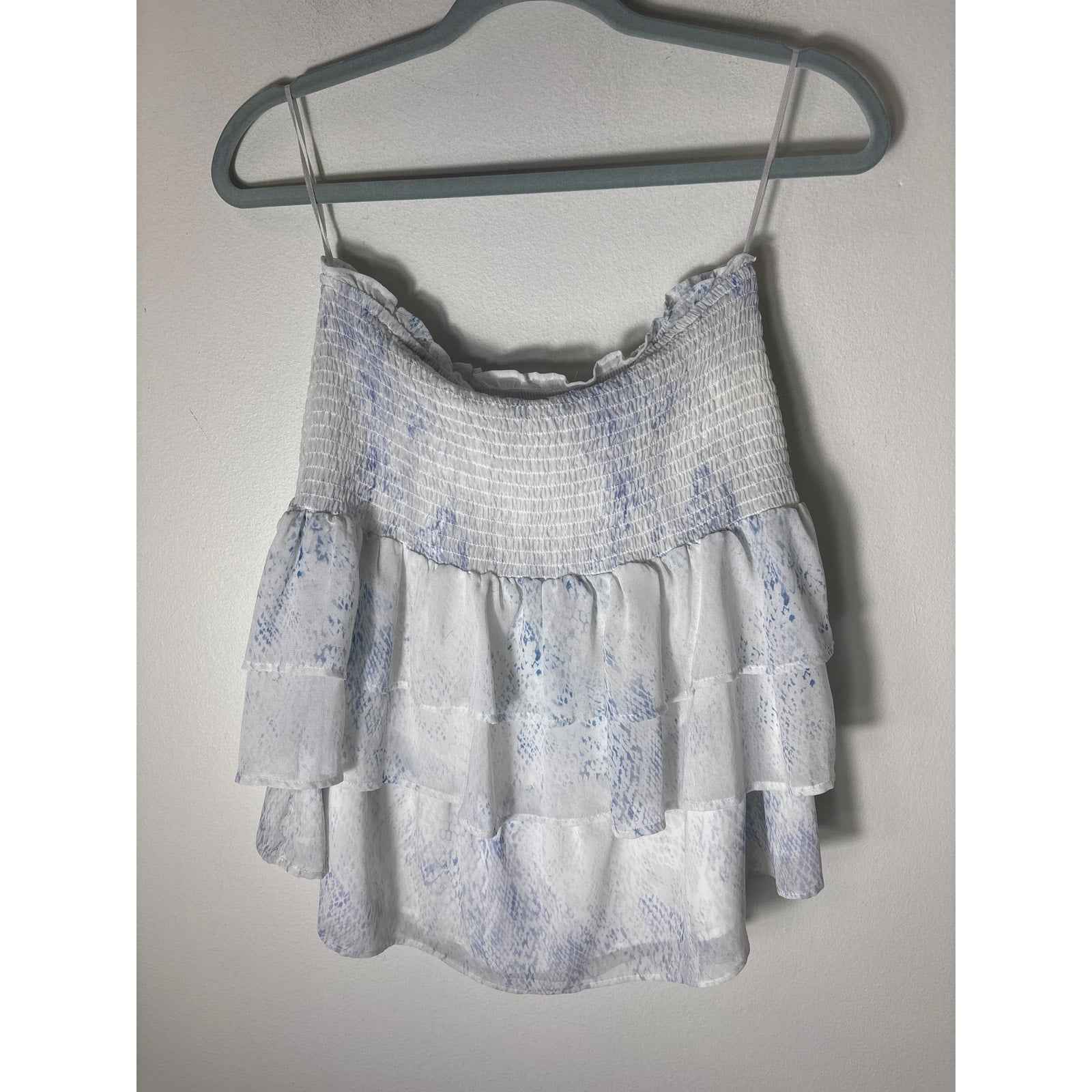 Pants Store White Blue Print Smocked Waist Tiered Flowy Skirt and Top Set Sz M