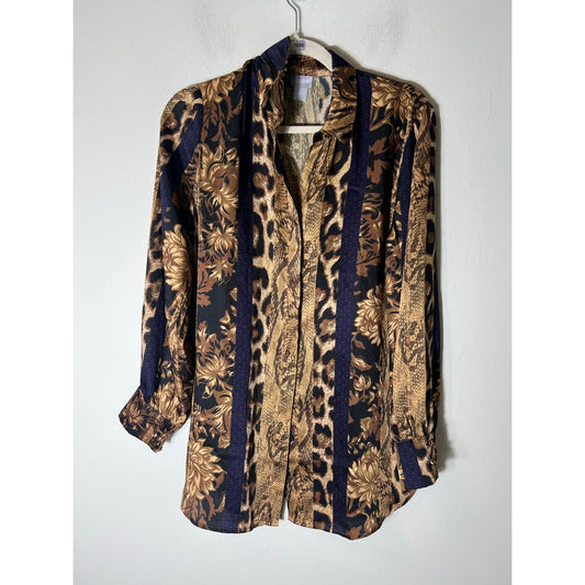 Chico's Gold Navy Long Sleeve Button Up Shirt Sz 8/10