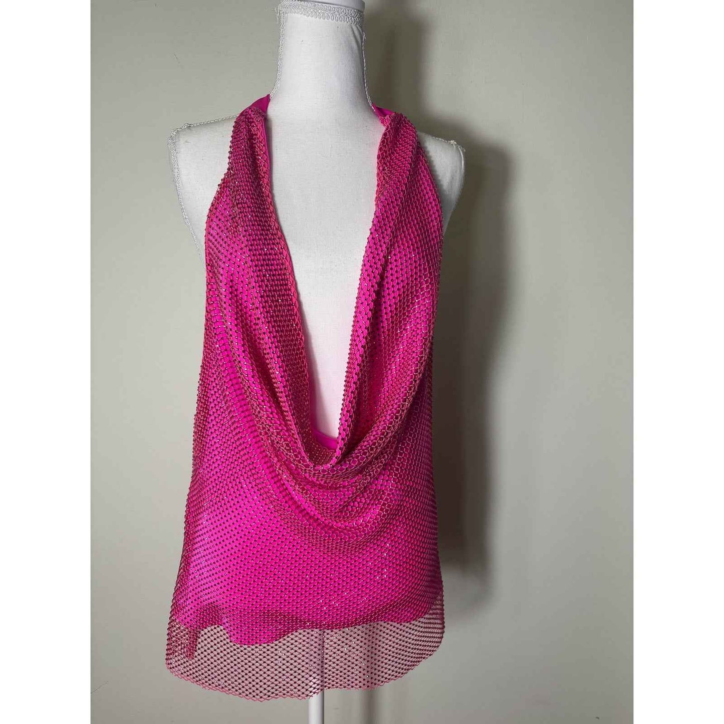 Amanda Uprichard Hot Pink Sequin Fishnet Halter Top Sz L