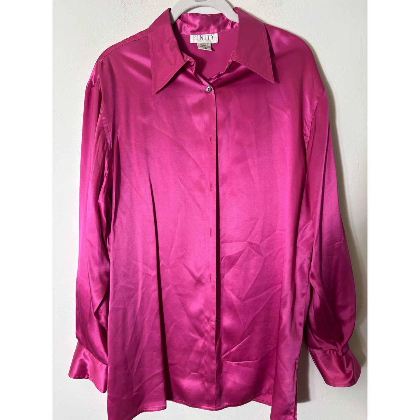 Finity Pink Long Sleeve Extra Long Silk Button Up Blouse Sz 10