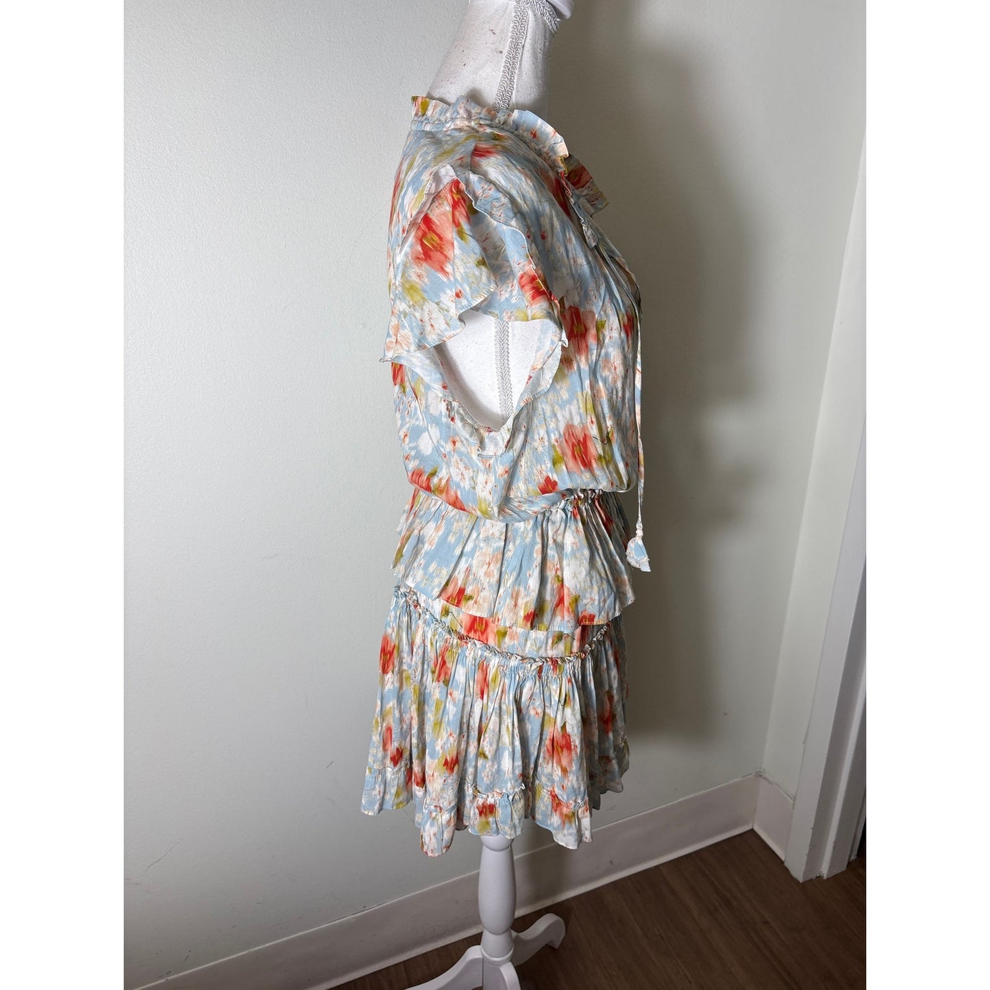 Misa Pastel Ruffle Tiered Fluttere Sleeve Mini Dress Sz S