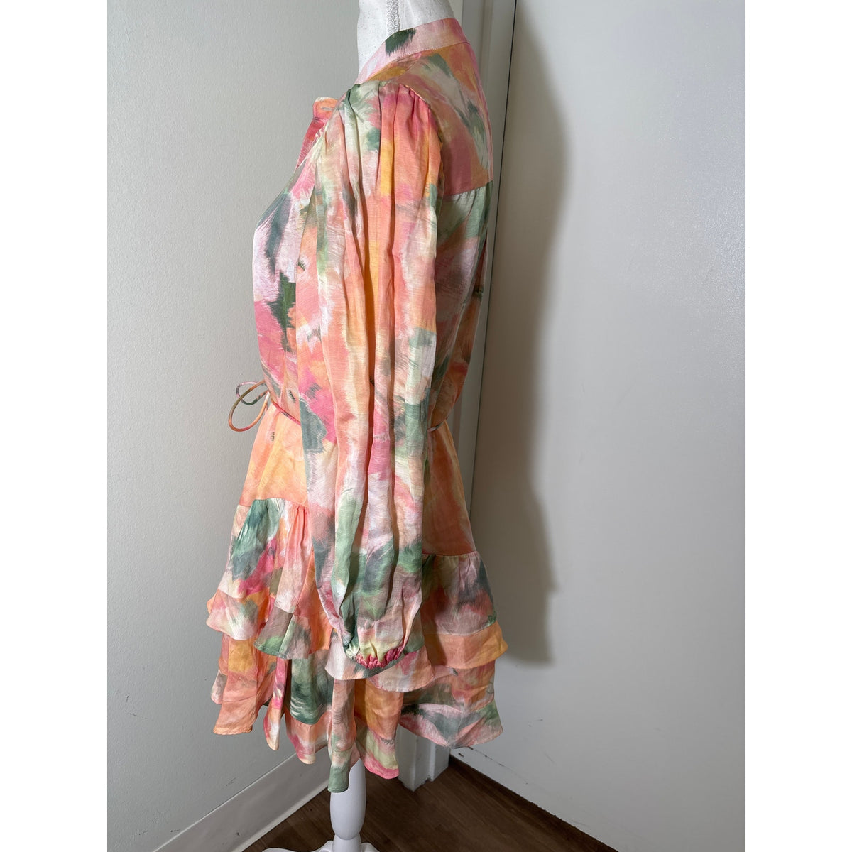 Significant Other Peach Watercolor 3/4 Puff Sleeve Mini Dress Sz 2