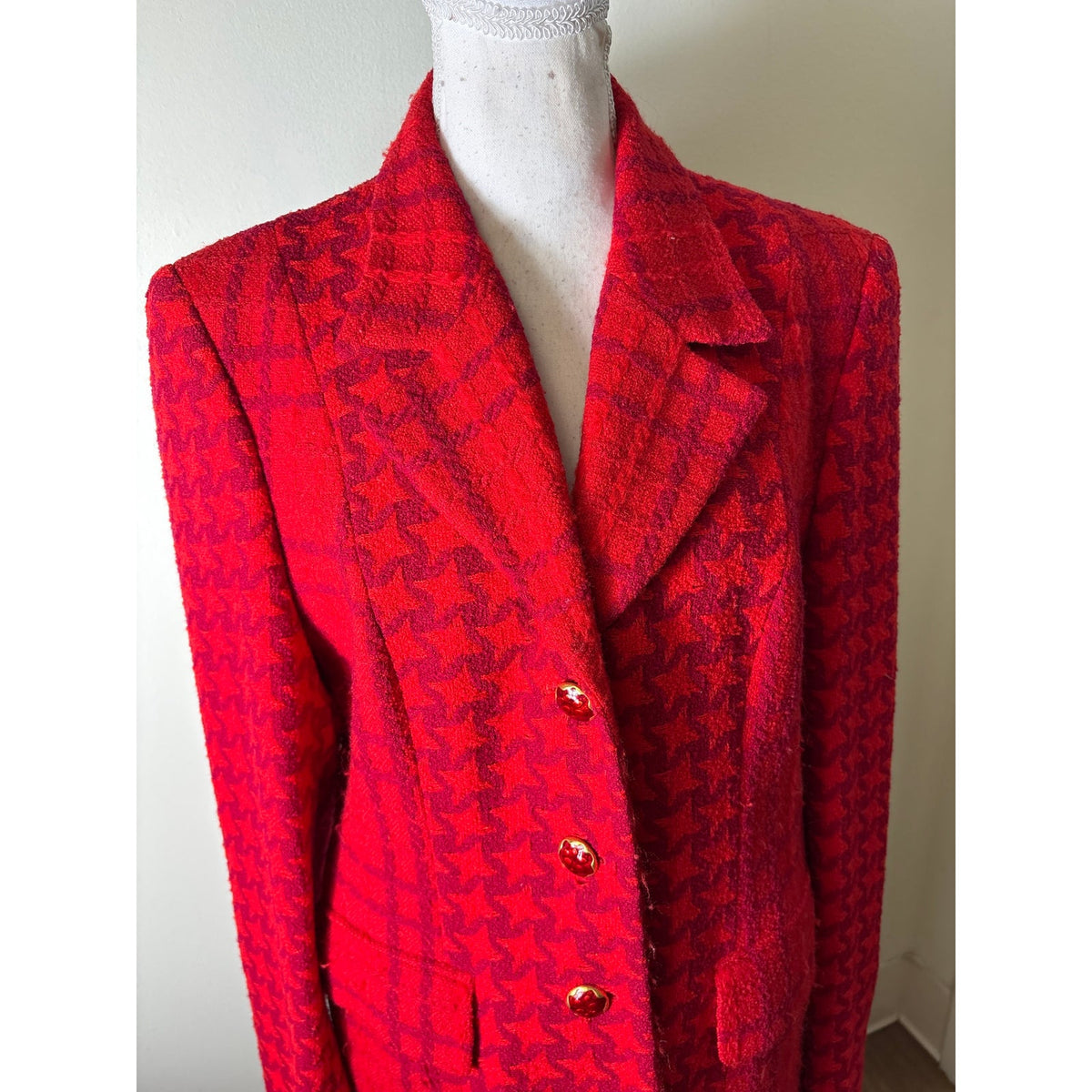 Escada Vintage Red Plaid 2 Piece Wool Pencil Skirt Suit Set Sz 40