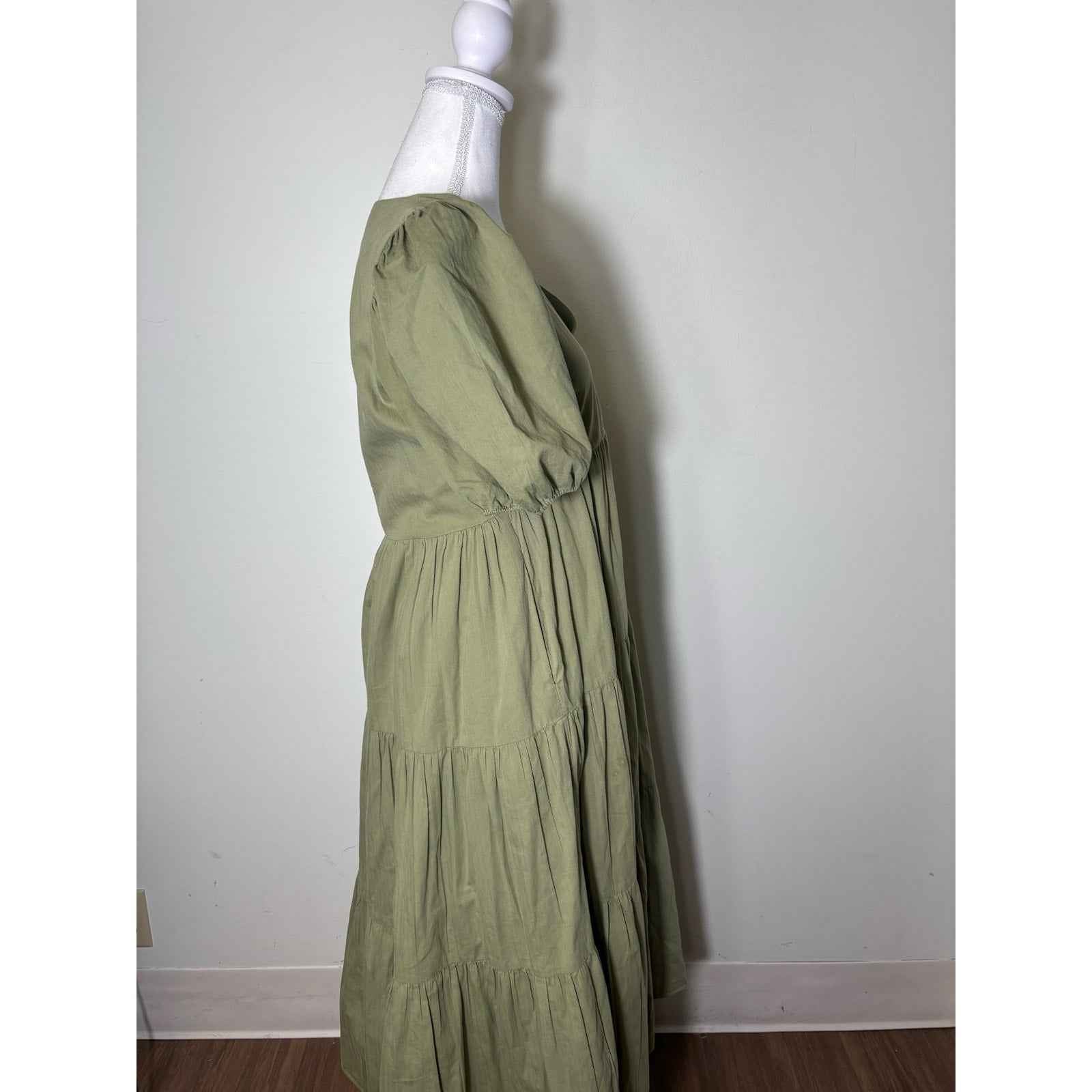 Hyacinth House Hunter Green Puff Sleeve V-Neck Cotton Maxi Dress Sz XS