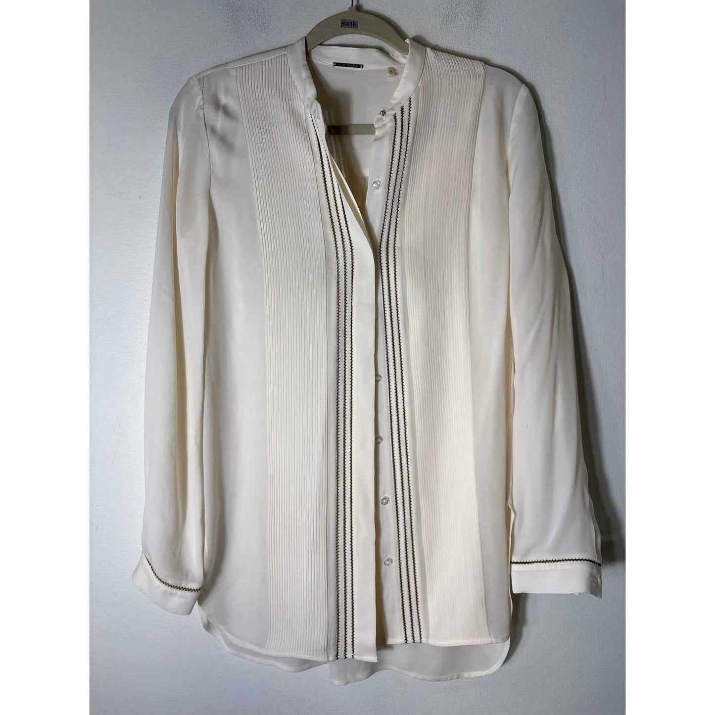 Elie Tahari Cream and Black Pleated Long Sleeve Silk Tunic Sz XS