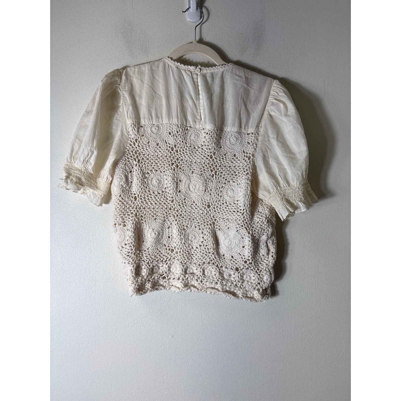 Allison NY Ivory Mixed Media Crocheted Short Puff Sleeve Top Sz M