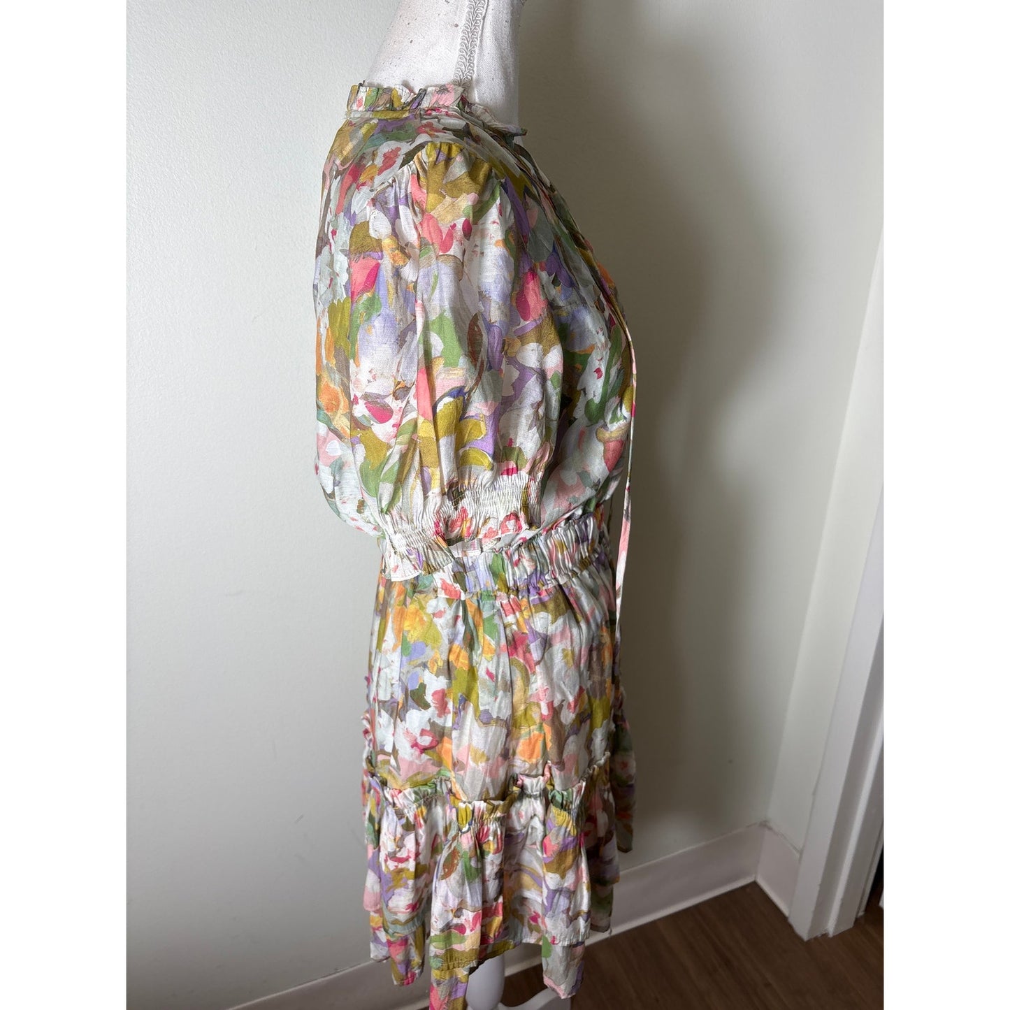 Meet Me In Santorina Pastel Floral Short Puff Sleeve Faux Wrap Mini Dress Sz S