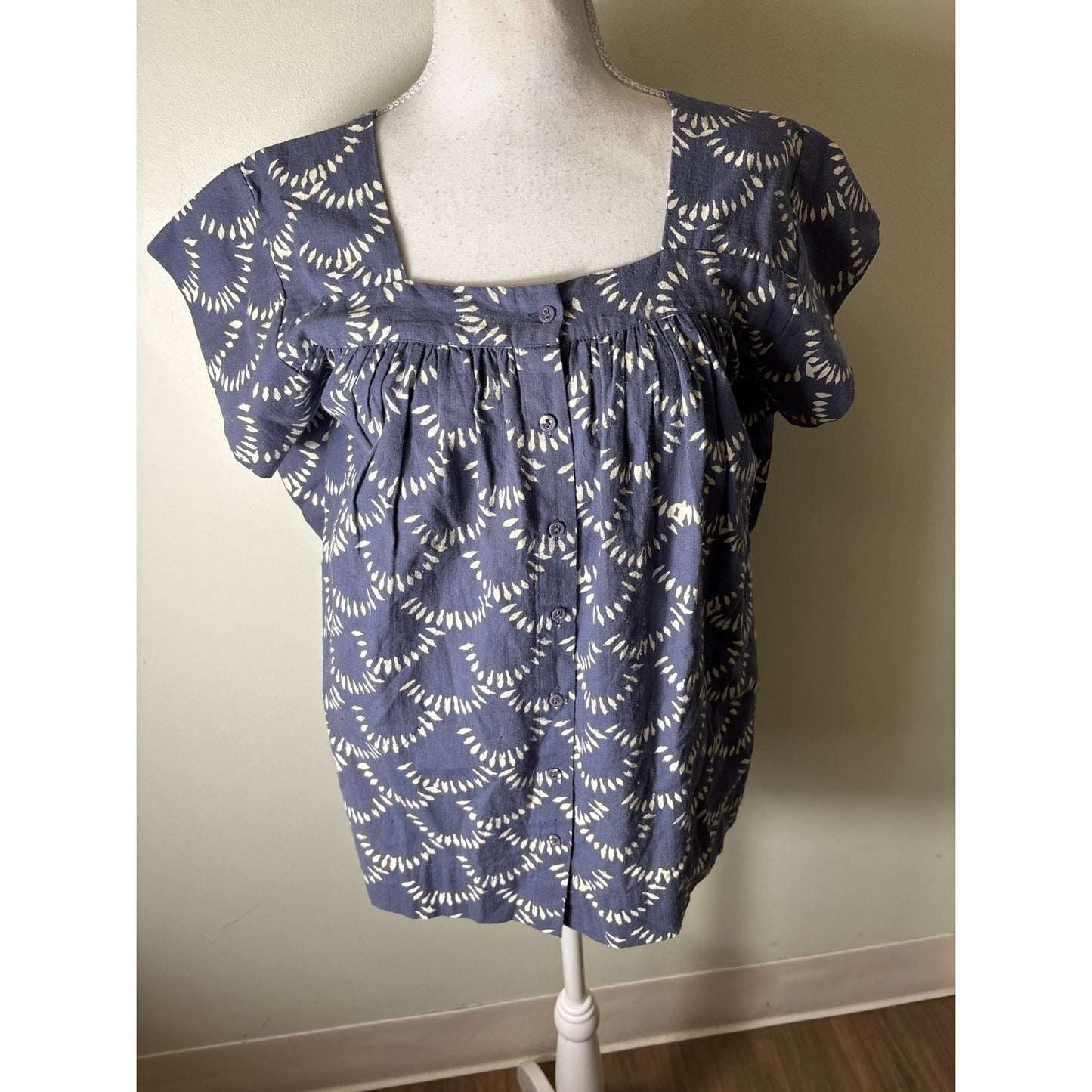 Mirth Blue and White Block Print Cotton Top Sz XS