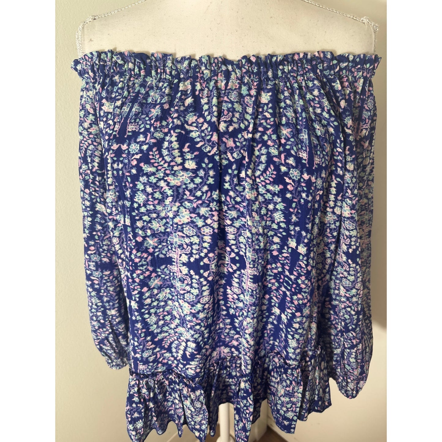 Rebecca Taylor Blue Floral Long Sleeve Off the Shoulder Sz 6