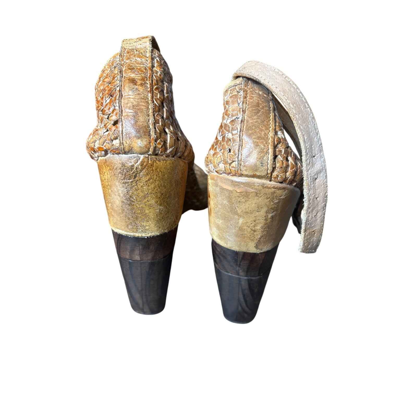 Beditsu Brown Woven Leather Wooden Wedges Sz 9.5