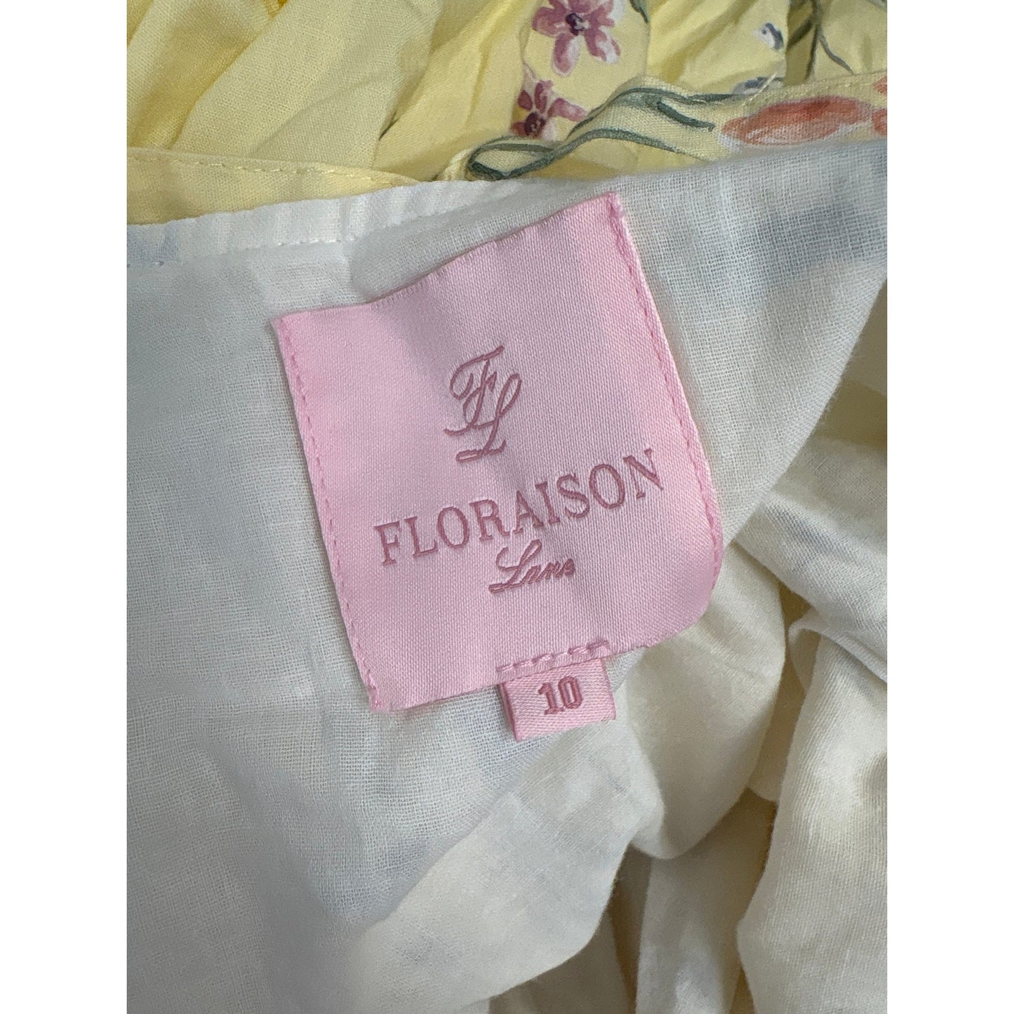 Floraison Lane Pale Yellow Floral Flutter Sleeve Cototn Maxi Dress Sz 10