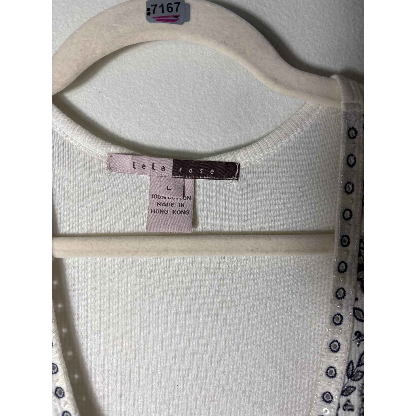 Lela Rose Cream and Navy Cotton Ribbed Embroidered Tank Sz L