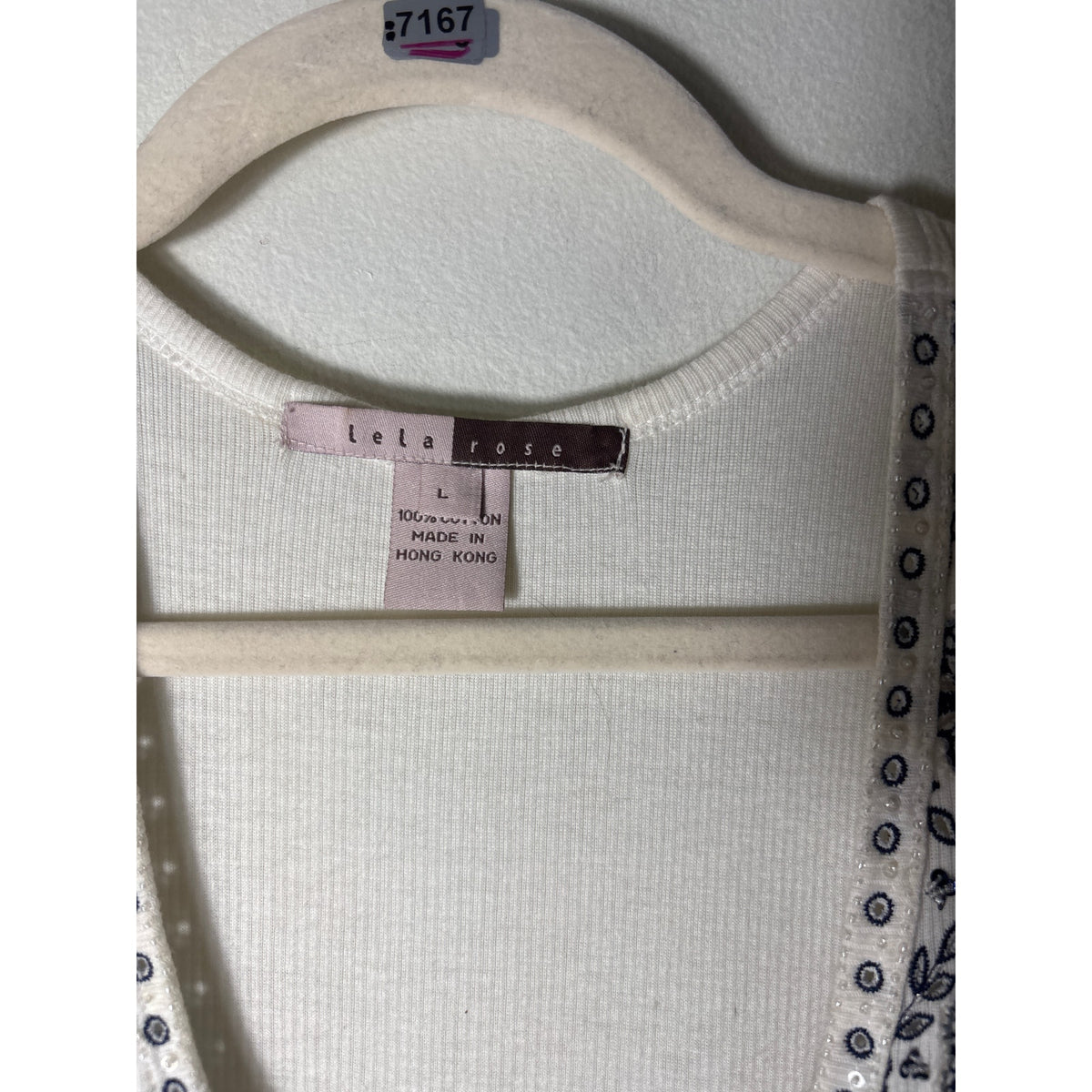 Lela Rose Cream and Navy Cotton Ribbed Embroidered Tank Sz L