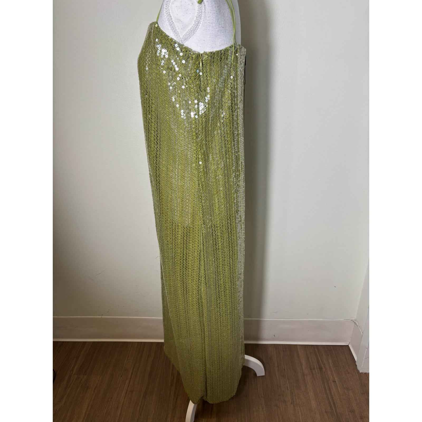 NWT Adriana Degreas Pistachio Sequin Midi Cocktail Dress Sz M