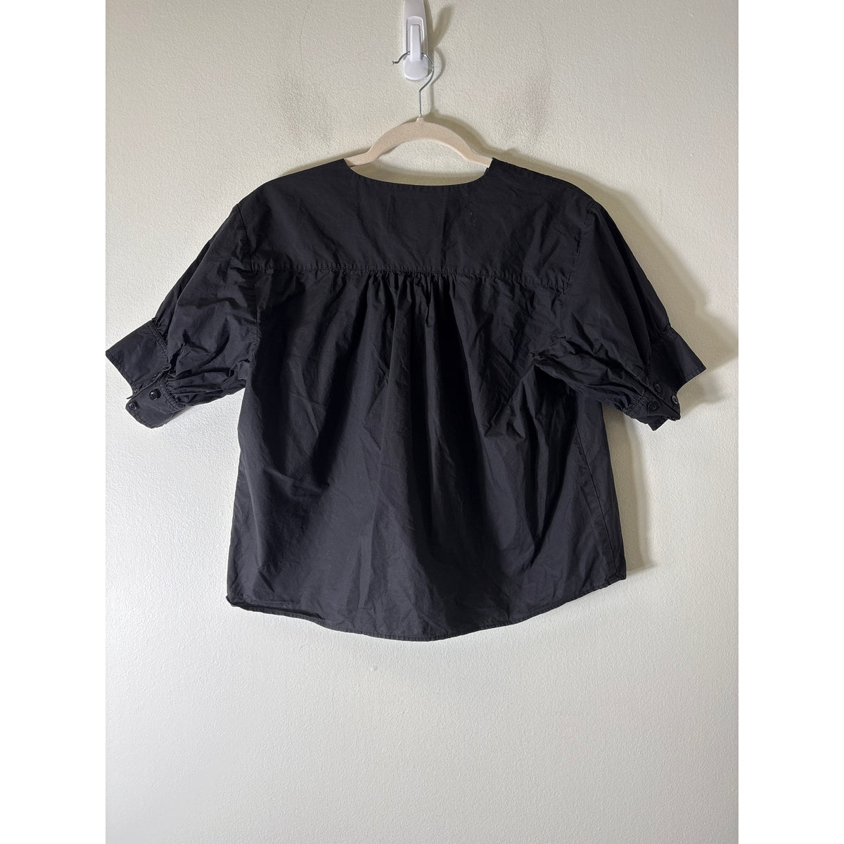 FRAME Black Half Puff Sleeve V-Neck Cotton Top Sz S