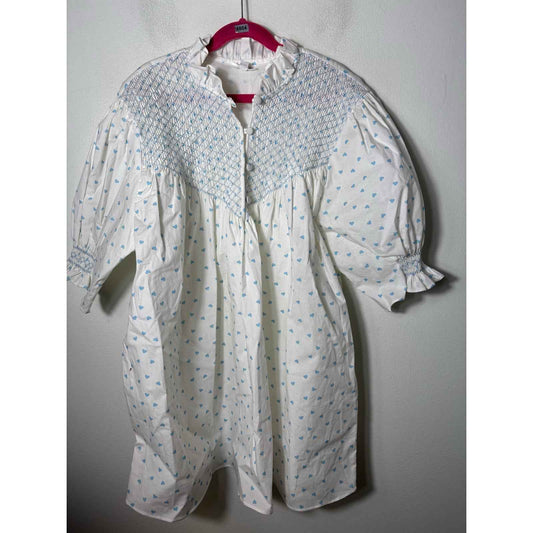 Dondolo White Blue Hearts Half Puff Sleeve Smocked Cotton Shirt Sz L
