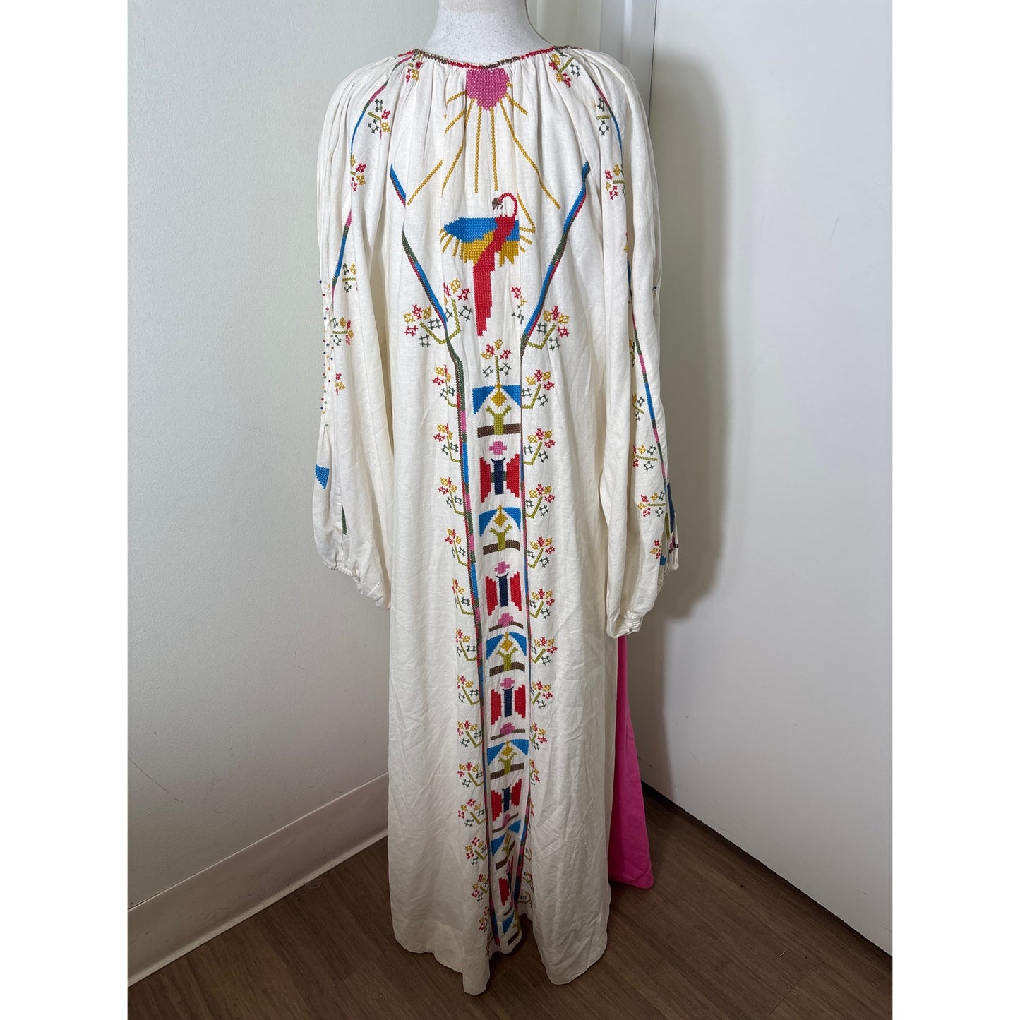 Farm Rio Off White Cross stitch Long Sleeve Maxi Dress Sz XS