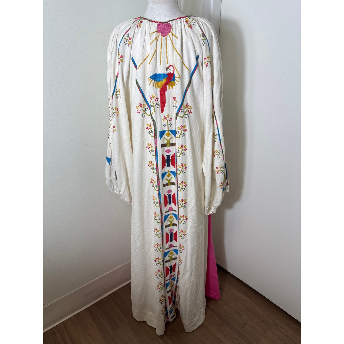Farm Rio Off White Cross stitch Long Sleeve Maxi Dress Sz XS