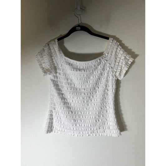 Frank Lyman White Fitted Short Sleeve Mini Ruffled Top Sz 8
