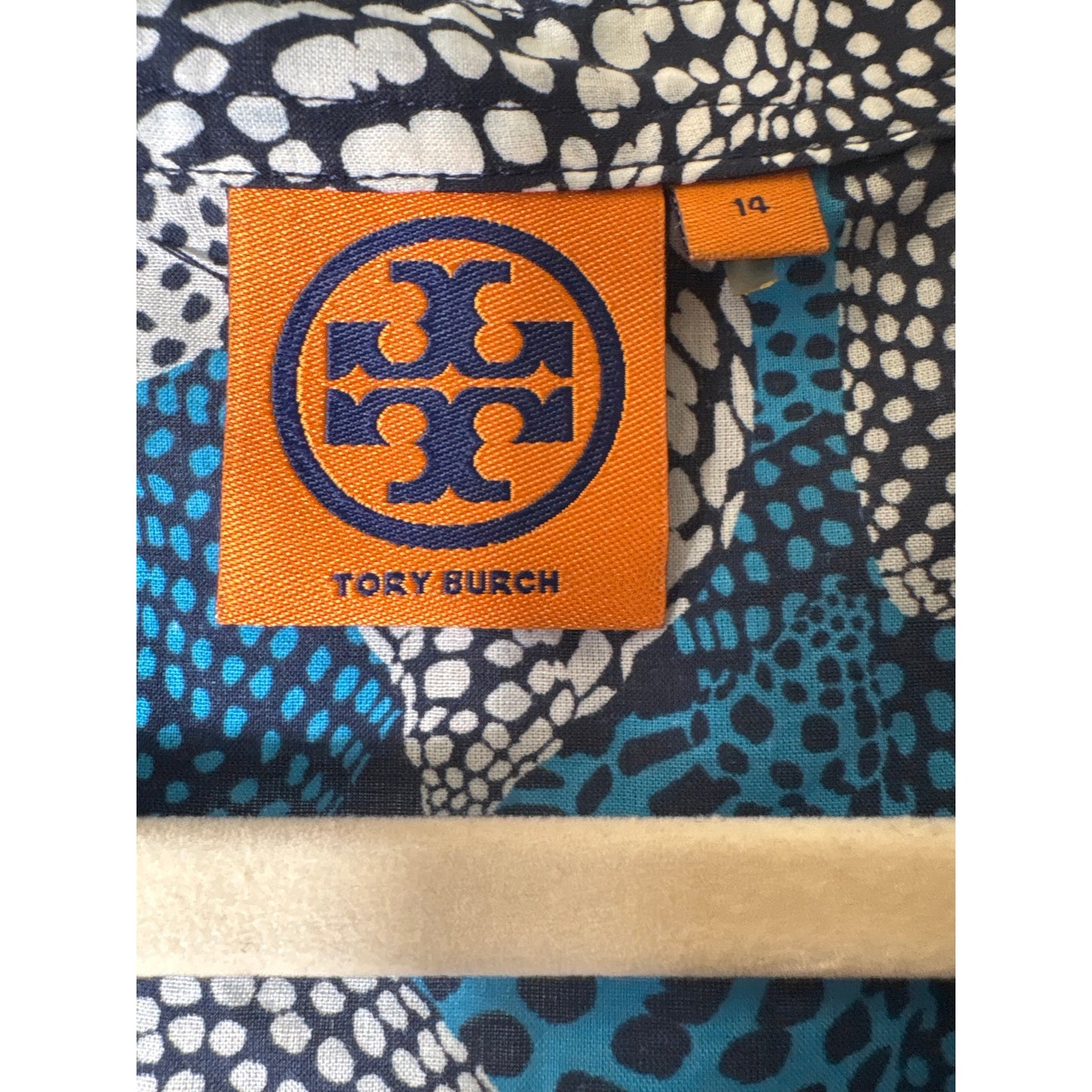 Tory Burch Navy and Teal Long Sleeve V-Neck Cotton Tunic Sz 14