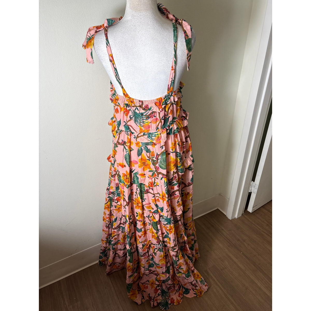 Farm Rio Pink Floral Tiered Cotton Maxi Dress Sz M