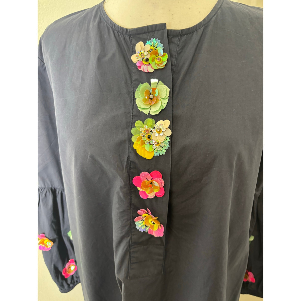 Vilagallo Navy Cotton Dress with Embelished Sequined Flowers Sz 40