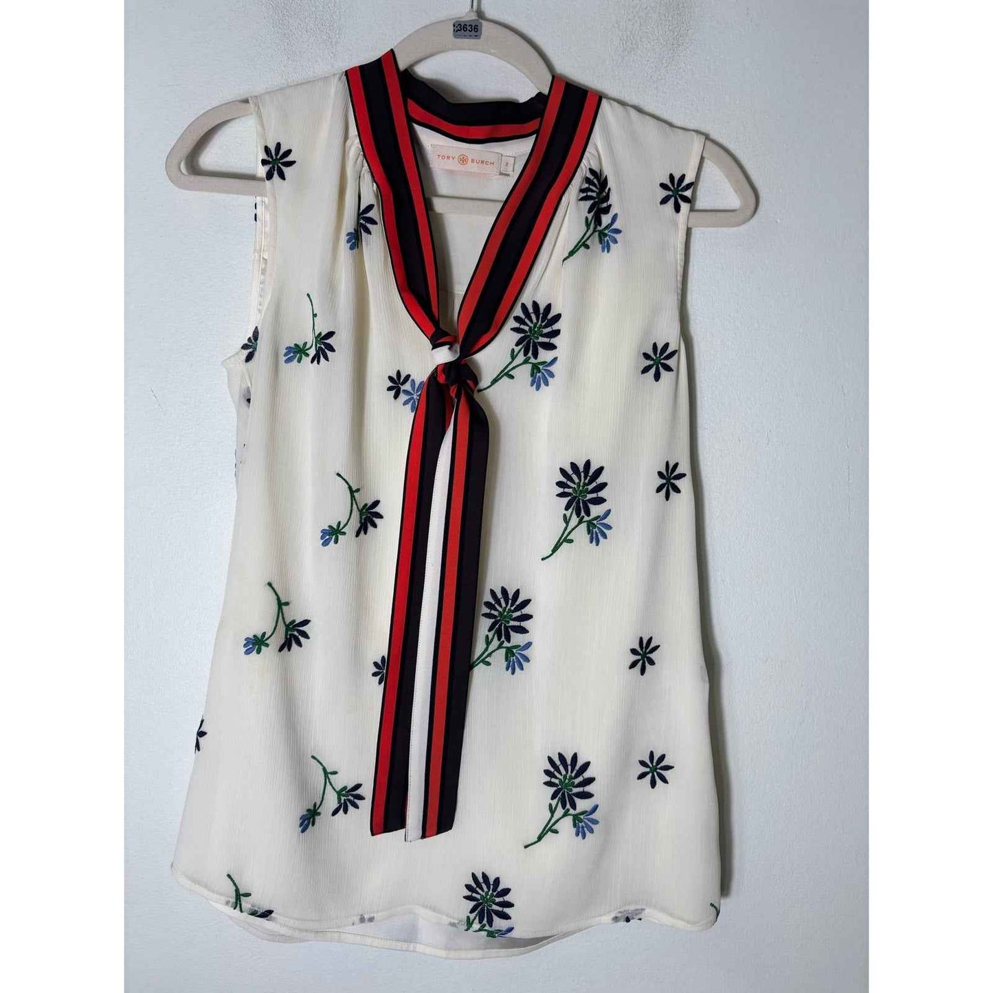 Tory Burch Off White Sleeveless Top with Emboidered Flowers Sz 2