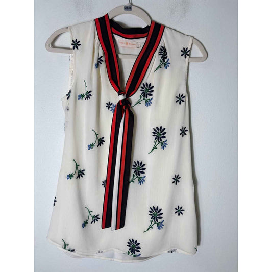 Tory Burch Off White Sleeveless Top with Emboidered Flowers Sz 2