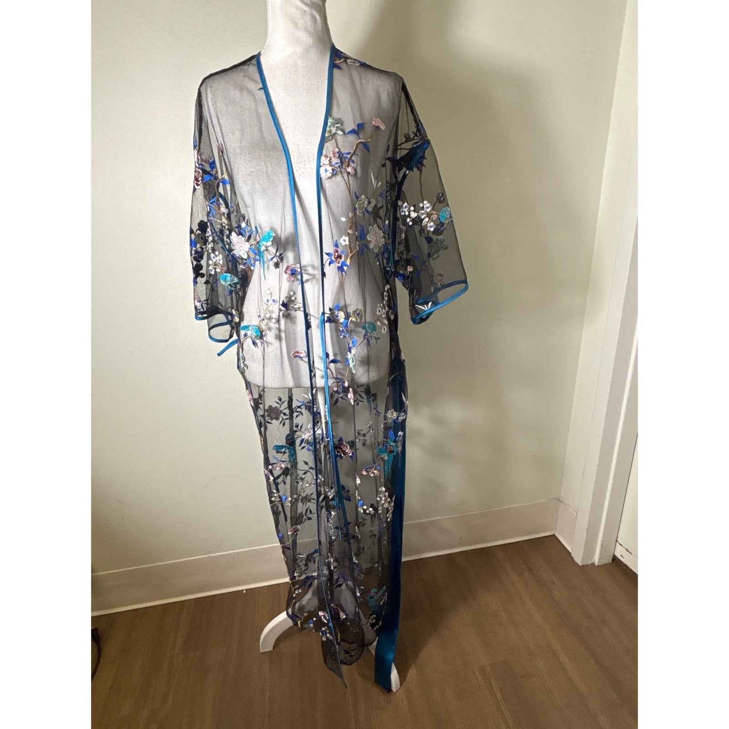 Rya Collection Black Blue Embroidered Sheer Robe Sz XS/S