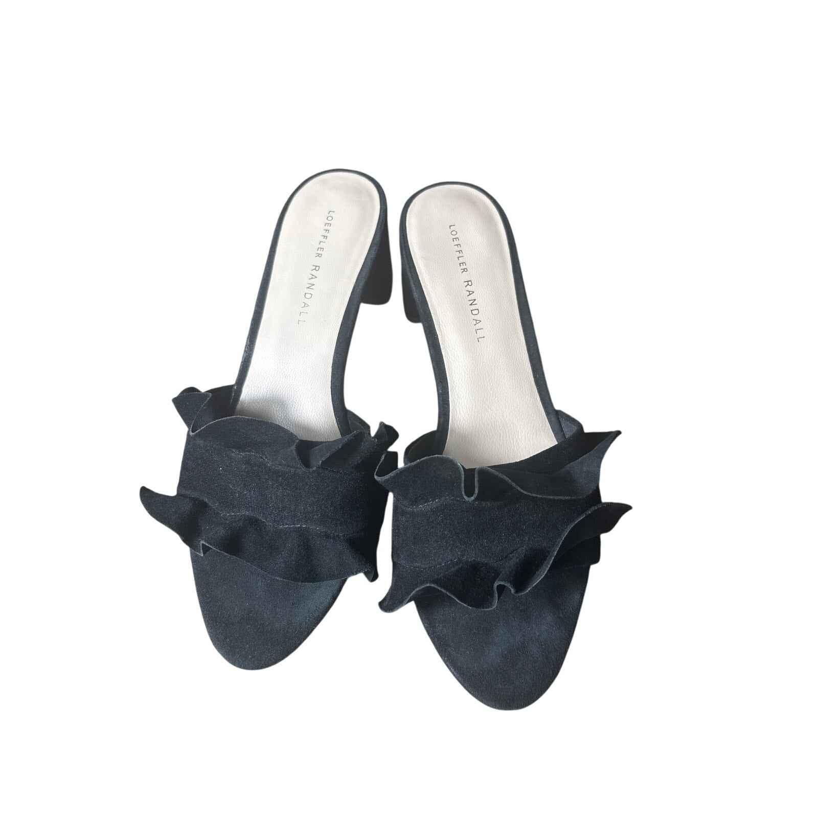 Loeffler Randal Black Suede Ruffle Slip On Sandal Sz 8