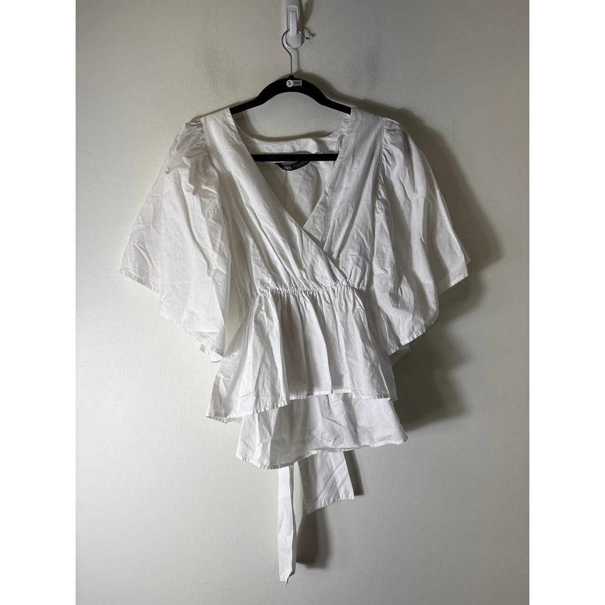 Zara Crisp White Bat Wing Sleeve Cotton Wrap Top Sz M