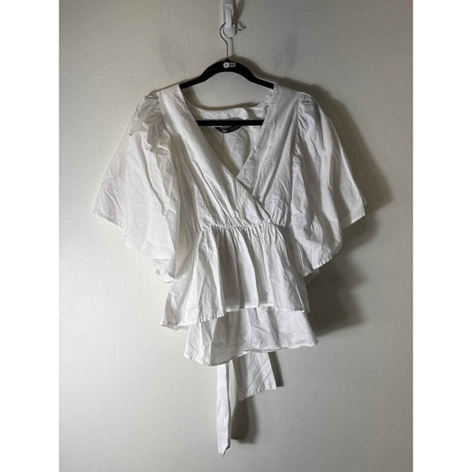 Zara Crisp White Bat Wing Sleeve Cotton Wrap Top Sz M