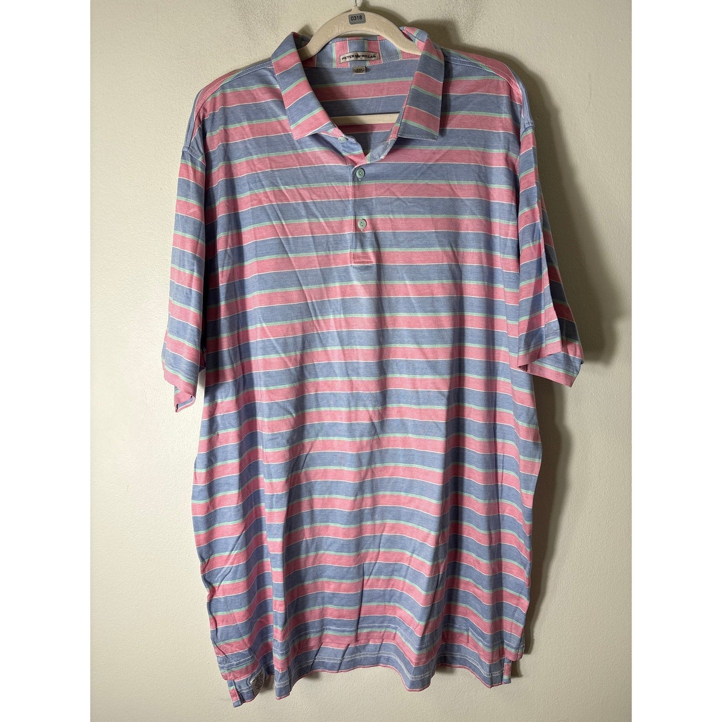 Mens Peter Millar Dark Pink Blue Stripe Short Sleeve Polo Style Shirt Sz XXL