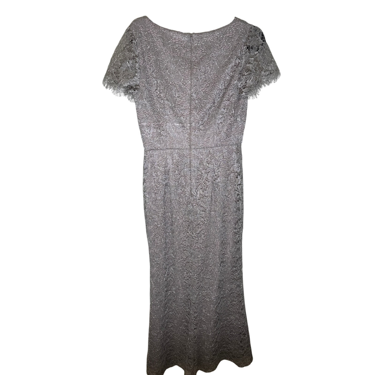 JS Collections Silver Lace Short Sleeve Full Length Gown Sz 4
