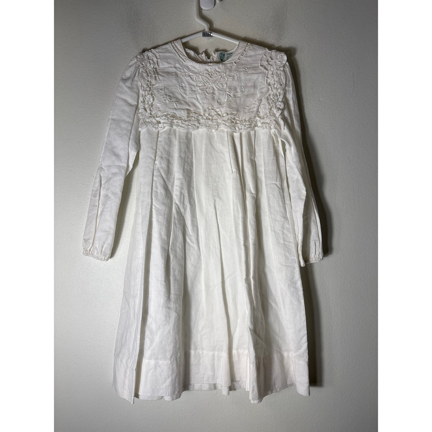 Girls Vintage Paper White Longsleeve Linen Dress / Lace&Embroidered Collar Sz 6