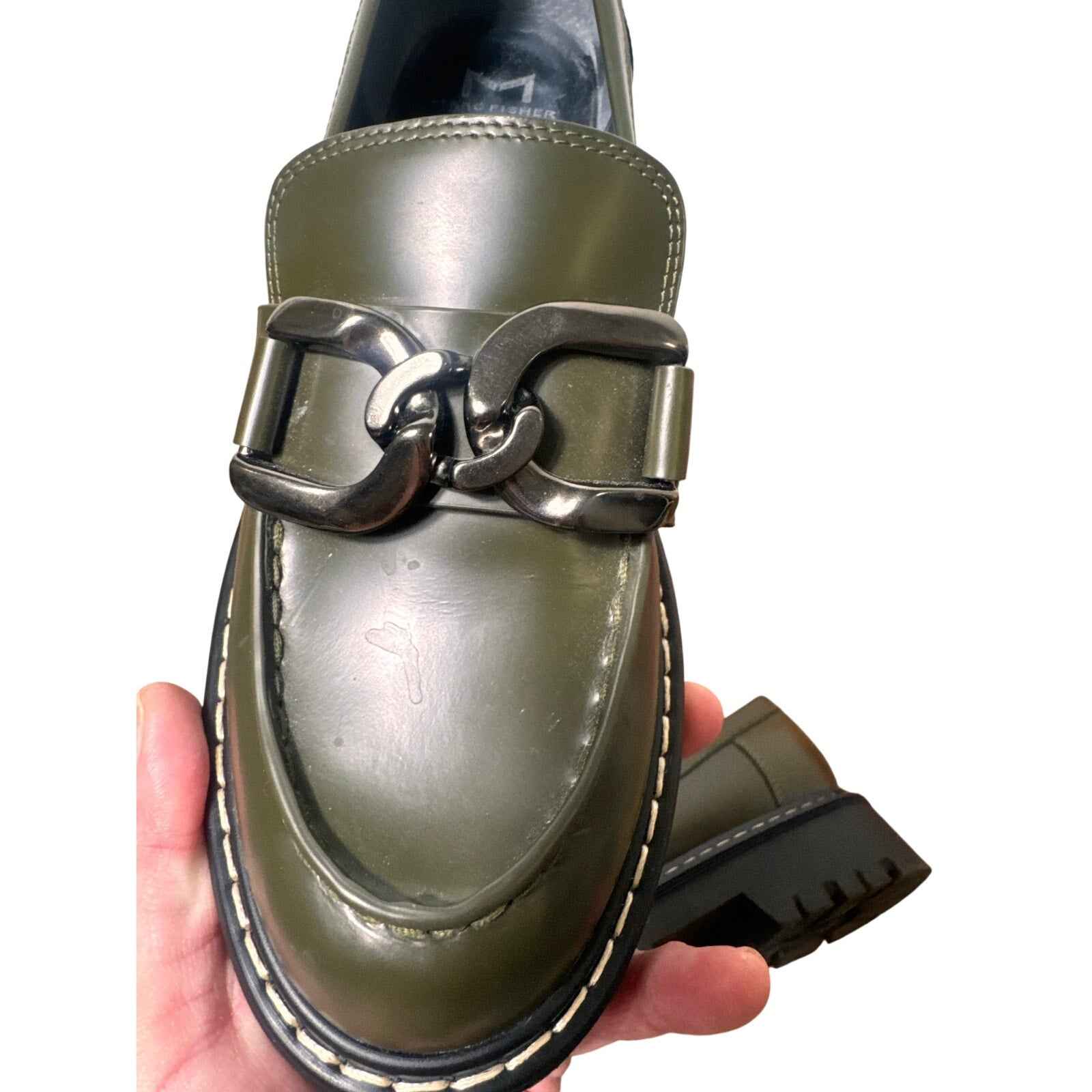 Marc Fisher Army Green Platform Horsebit Loafer Sz 7