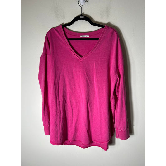 Z Supply Hot Pink Long Sleeve V-Neck Cotton Blend Pullover Top Sz M