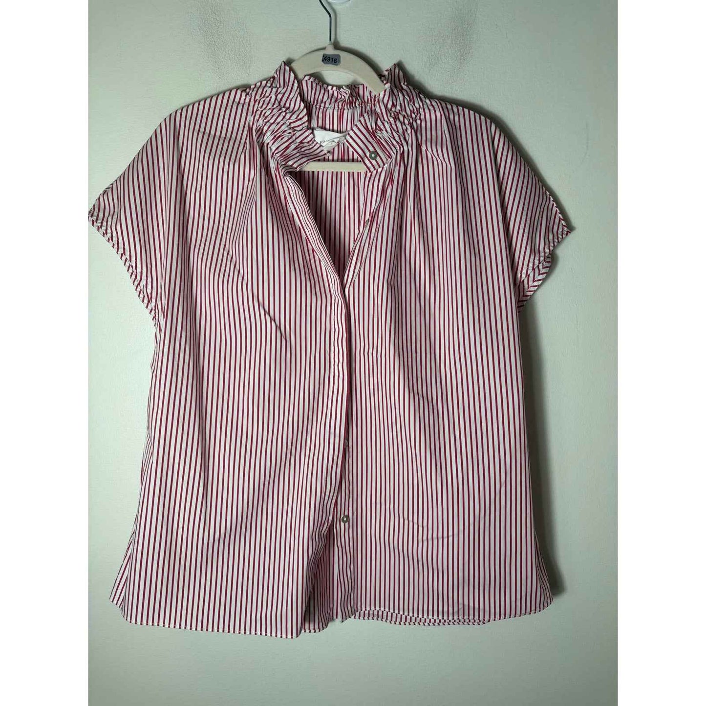 Pomander Place Red and White Stripe Ruffled Neck Shirt Sz M