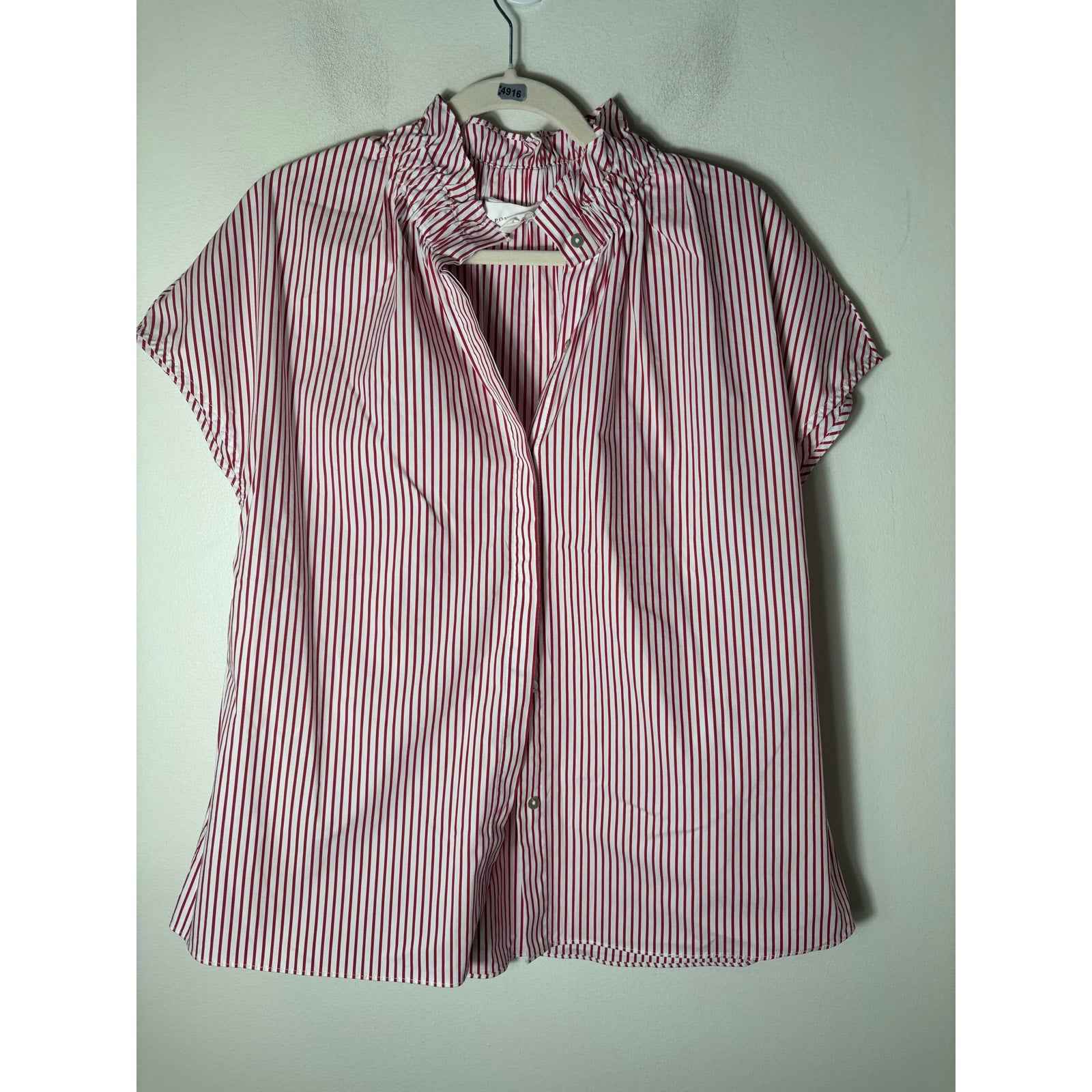 Pomander Place Red and White Stripe Ruffled Neck Shirt Sz M