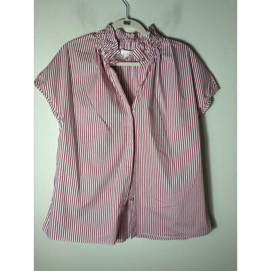 Pomander Place Red and White Stripe Ruffled Neck Shirt Sz M