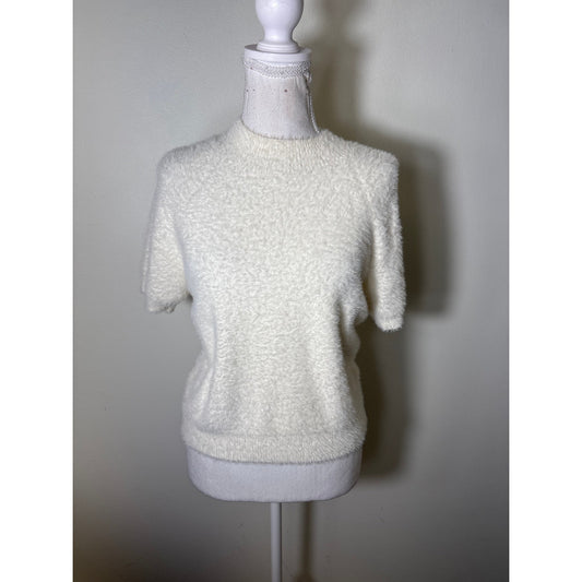 Pilcro Off White Short Sleeve Fuzzy Mock Neck Top Sz M