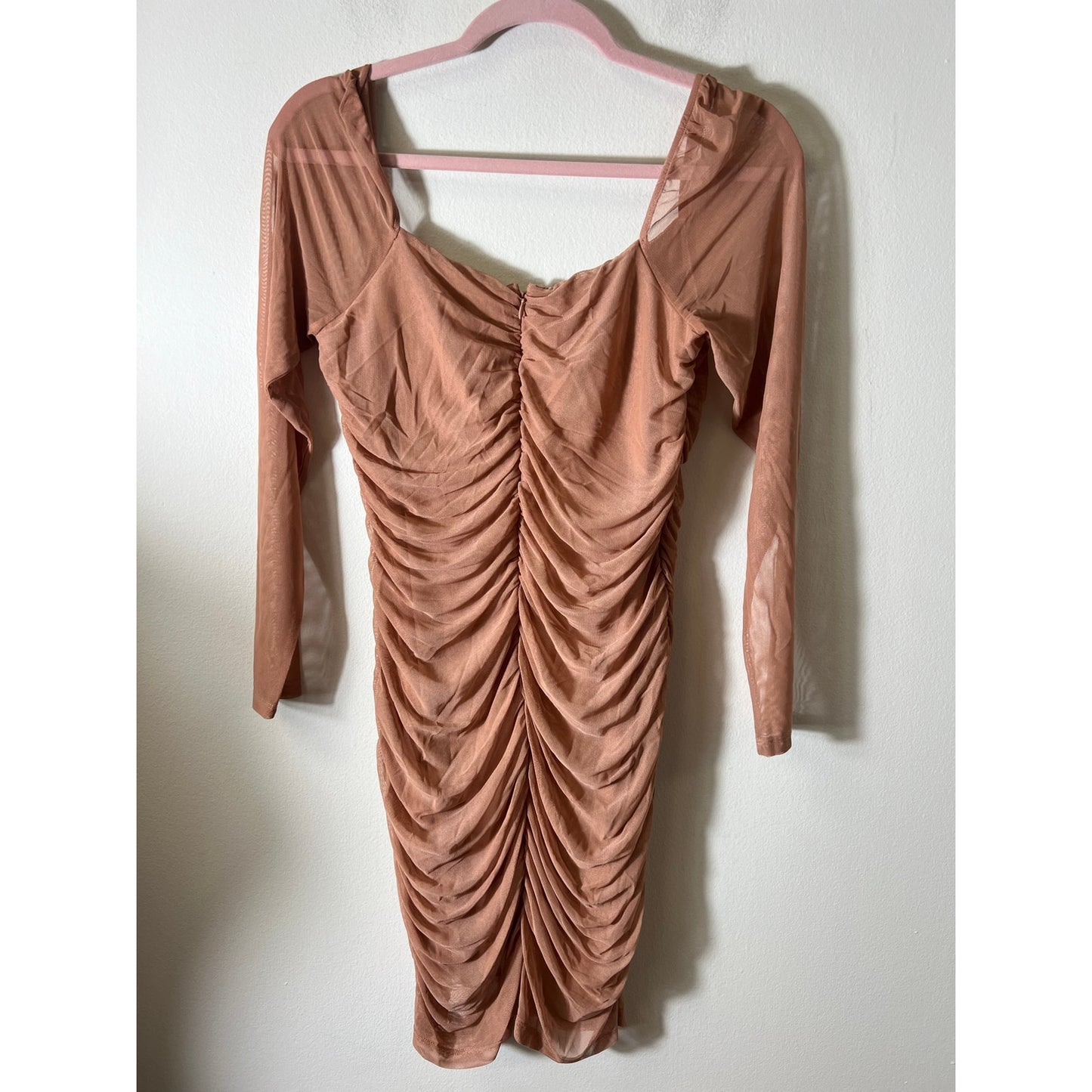 NWT French Connection Pink/Tan "Toni" Meshed Rouched Dress Sz M