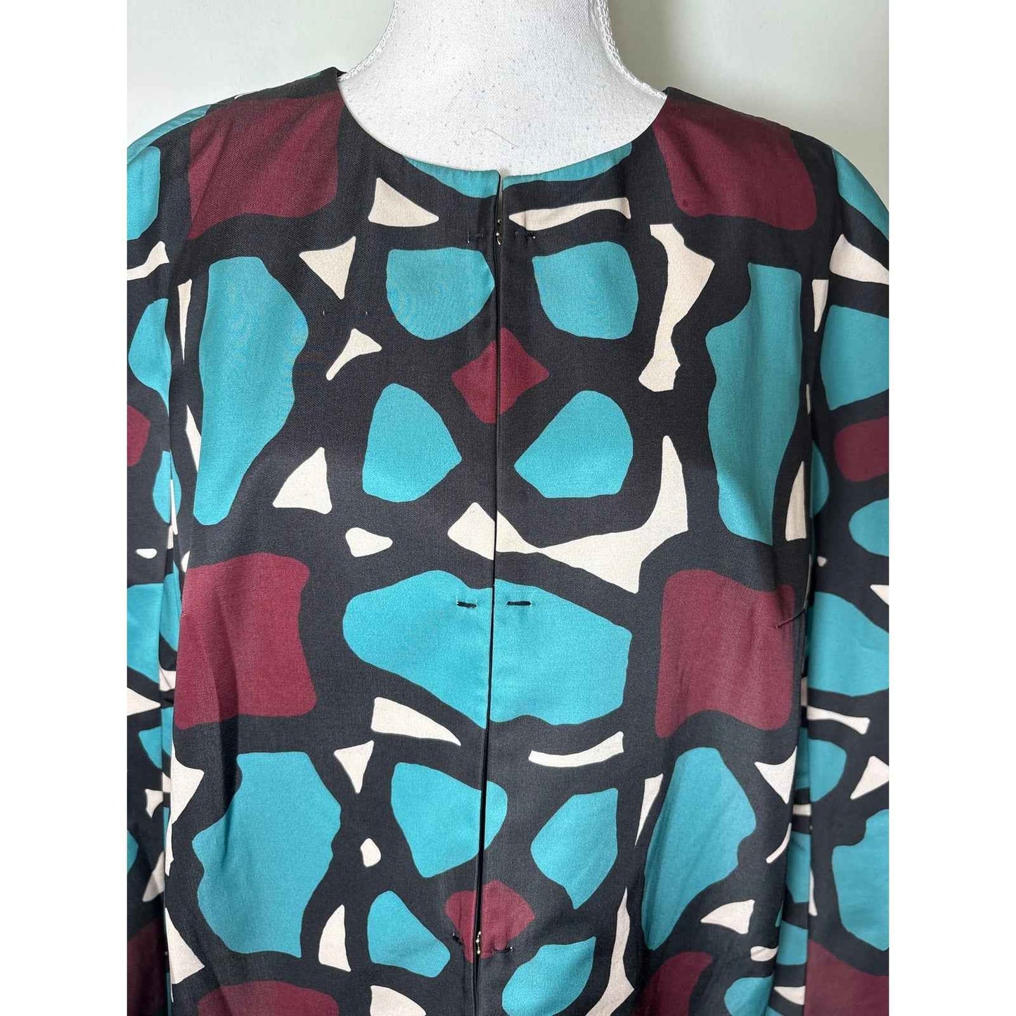 Paule Ka Blue Abstract Print Crepe Round Neck Coat Sz 42 (12/14)